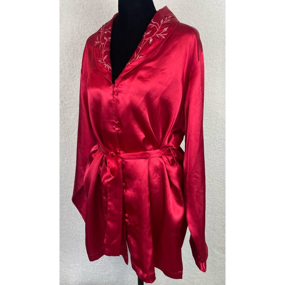 (VTG) PRIVATE LUXURIES • 3-Piece Red Satin Embroidered Pajama Set, L - Picture 4 of 16